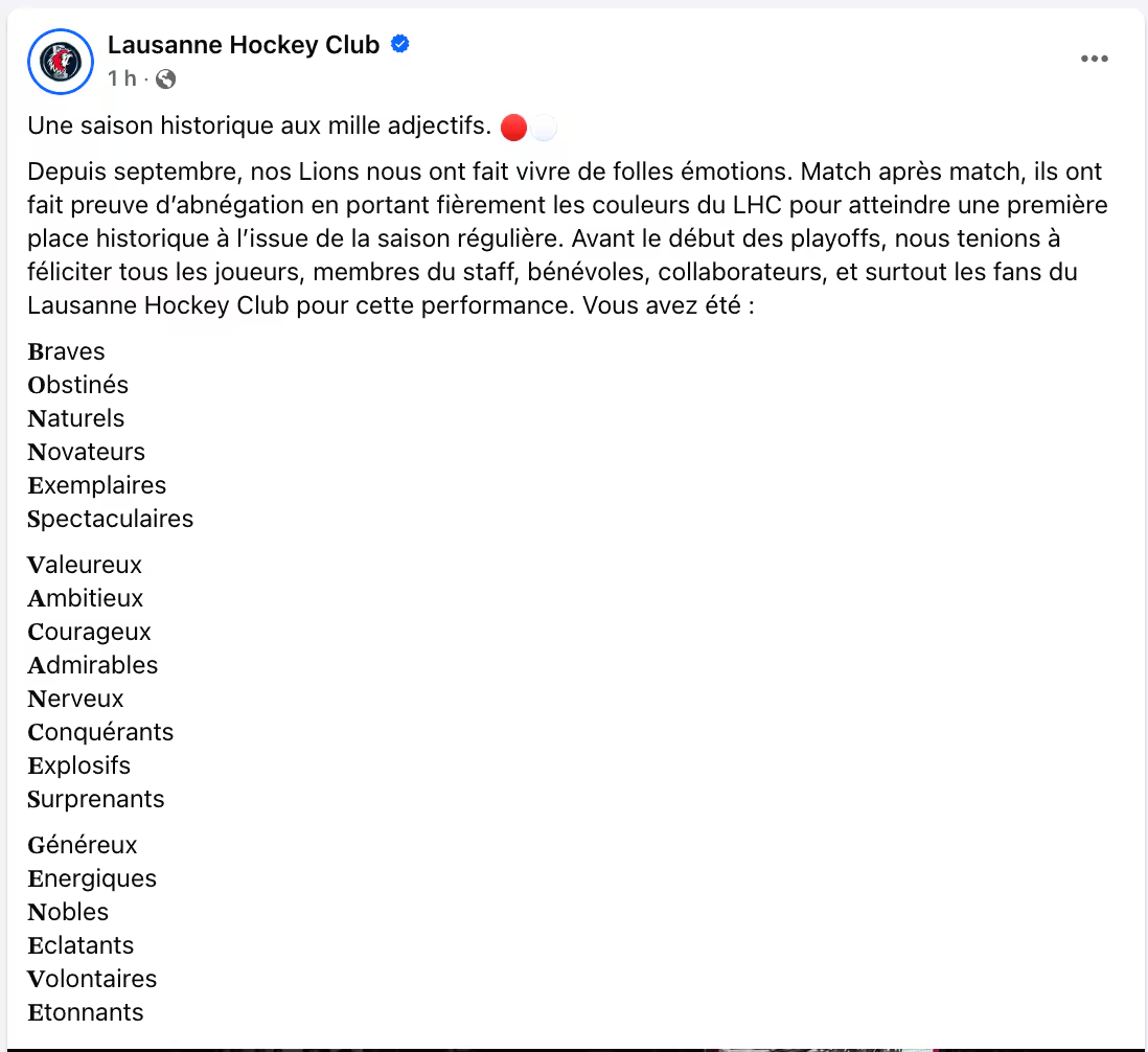 Le post en question affiché sur le Facebook du LHC