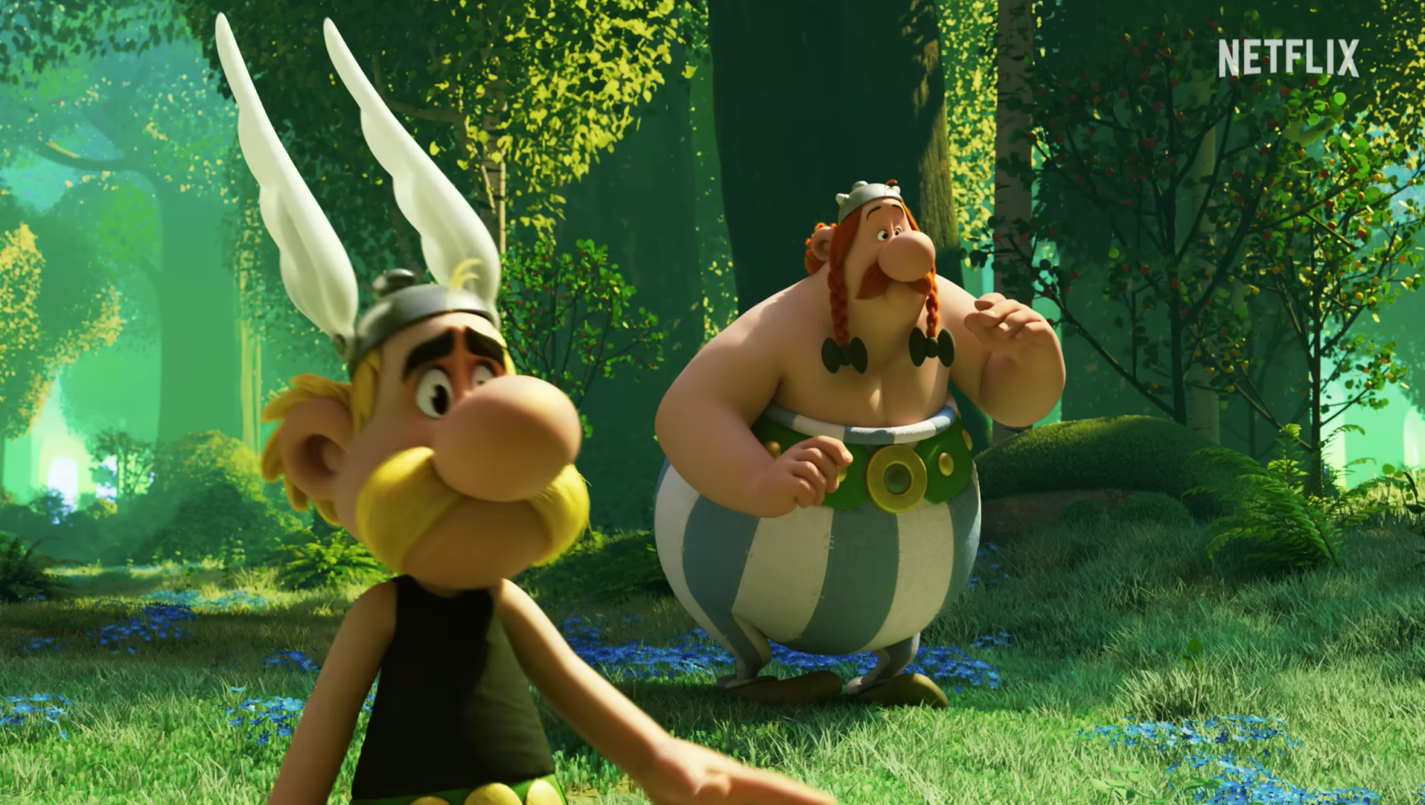 Astérix et Obélix en version animée 3D dans une forêt magique, tiré de la nouvelle série Netflix « Le Combat des Chefs ».