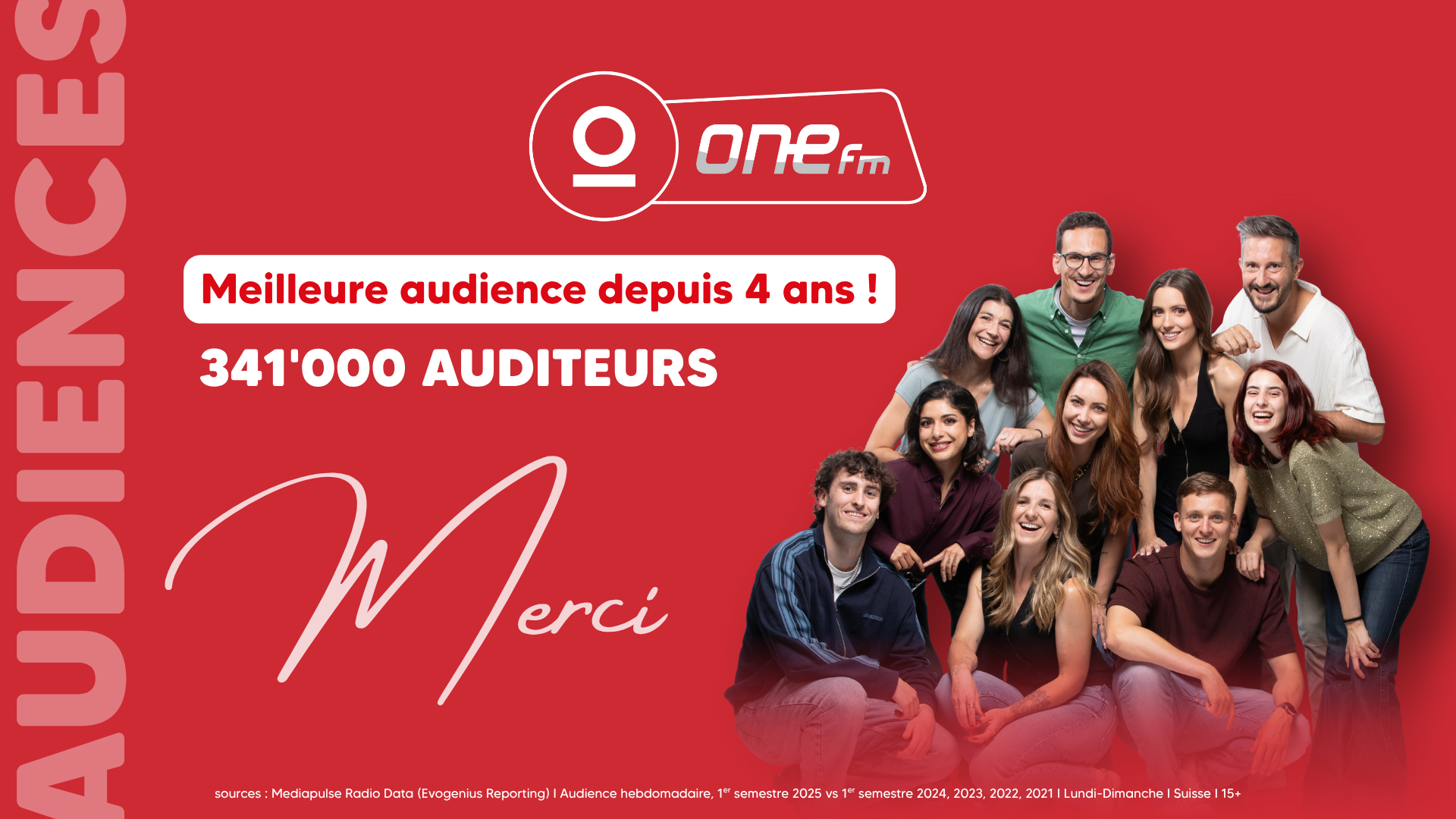 Infographie des audiences radio de One FM – record de 341’000 auditeurs hebdomadaires en juillet 2025