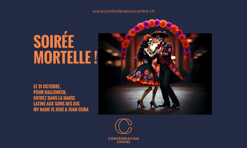 Affiche de la soirée Halloween au Confédération Centre à Genève, inspirée du Día de los Muertos, avec deux danseurs costumés et colorés.