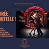 Affiche de la soirée Halloween au Confédération Centre à Genève, inspirée du Día de los Muertos, avec deux danseurs costumés et colorés.