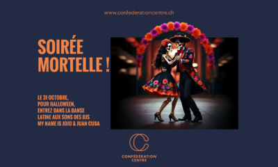 Affiche de la soirée Halloween au Confédération Centre à Genève, inspirée du Día de los Muertos, avec deux danseurs costumés et colorés.