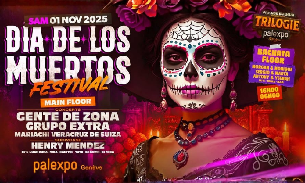 Affiche du Día de los Muertos Festival 2025 à Palexpo Genève, célébration mexicaine avec concerts et DJs, organisée par le Village du Soir.