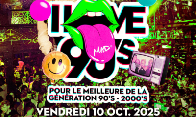 Affiche colorée de la soirée I Love 90’s au MAD Club Lausanne, le 10 octobre 2025, avec le logo MAD et le slogan “Pour le meilleur de la génération 90’s – 2000’s”.