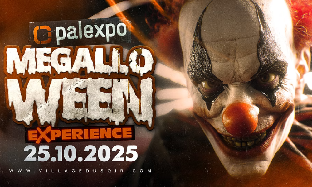 Affiche du festival MEGALLOWEEN EXPERIENCE 2025 à Palexpo Genève, avec One FM, studio mobile, scène DJ et ambiance horreur immersive.