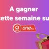 Visuel promotionnel One FM annonçant les jeux et cadeaux à gagner cette semaine à l’antenne, avec logo de la radio et un paquet cadeau sur fond dégradé rouge-violet.
