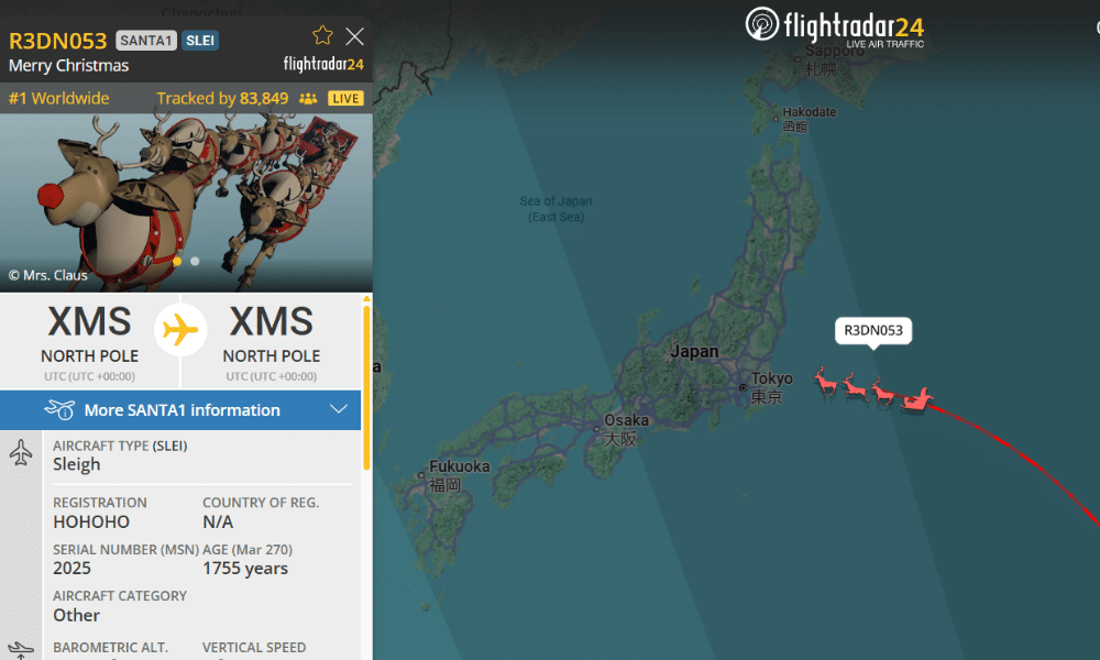 Traîneau du Père Noël suivi en direct sur Flightradar24 avec le vol R3DN053